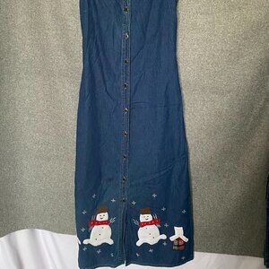 MPH Collection Blue Jean Maxi Dress Button Down Christmas Design Snowmen Size S